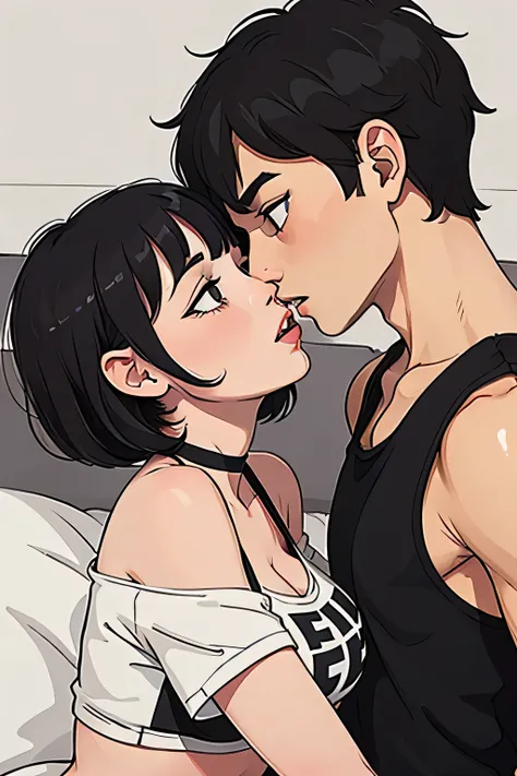 Amazing portrait of a cute goth woman with her short black hair in a bob hairstyle with heavy eyeliner around her eyes wearing an off shoulder t shirt that is orange and black with black bra straps kissing and making out passionately with a shirtless boy o...