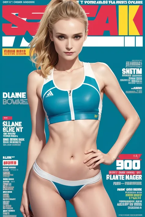 sports magazine cover, woman, (diane kruger), (slim:1.2), 30yo, (athletics outfits), (flat chest:1.5), perfect body, smile, full...