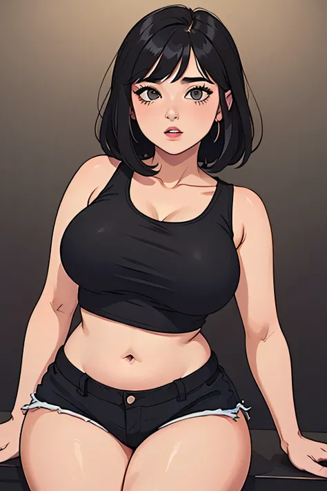 Amazing portrait of a sultry and stunning woman with a captivating gaze and flawless makeup shes your childhood best friend who had a glow up wearing a black tank top and black short shorts showcasing her alluring figure including her thick thighs and wide...