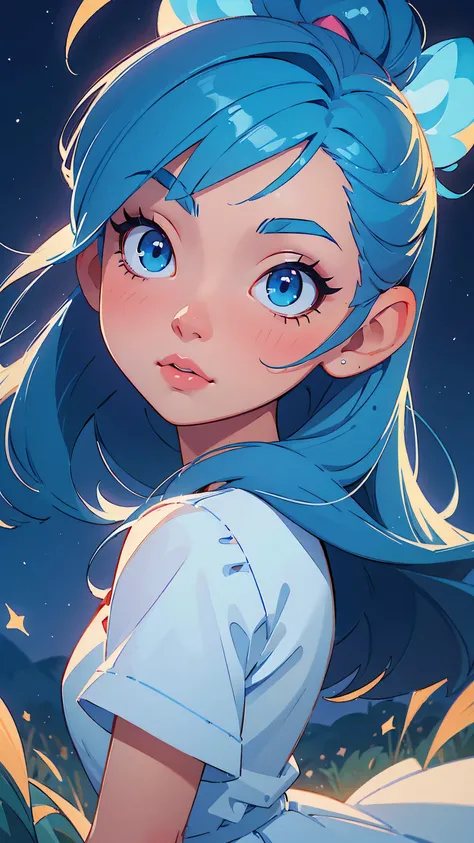(masterpiece:1.4), (best quality:1.4), A beautiful girl with blue hair, with big blue eyes, wearing a light white outfit and a red skirt, lips, makeup, side angle, positioned in an open field, depth of field, 3d animated cartoon, vibrant, colorful, Waterco...