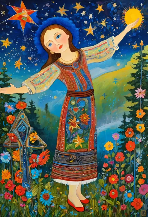 young alenka, dream under the summer starry sky, russian paraphernalia, from the shoulder, very colorful,
 best improvisation,  ...