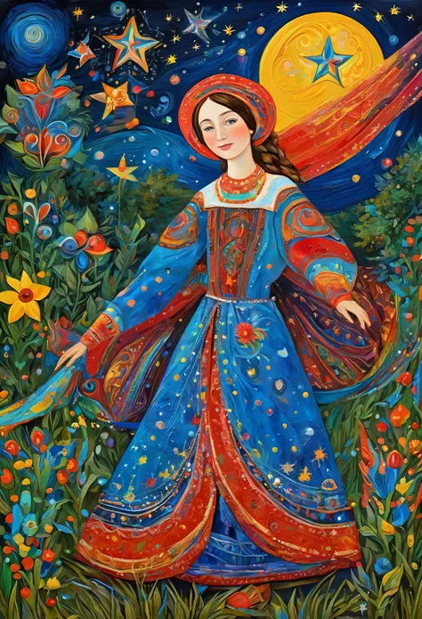 young Alenka, dream under the summer starry sky, Russian paraphernalia, from the shoulder, Very colorful,
Best Improvisation, ((Mordecai-Ardon style!)), ((perfect full body detail)), magic naive art, primitivism, protogen, crimson
, ((best quality, Mast...