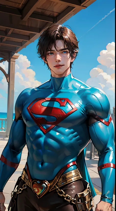 young guy, short brown hair, cyan eyes, brawn, black superman costume, ssmile, masterpiece, hiquality