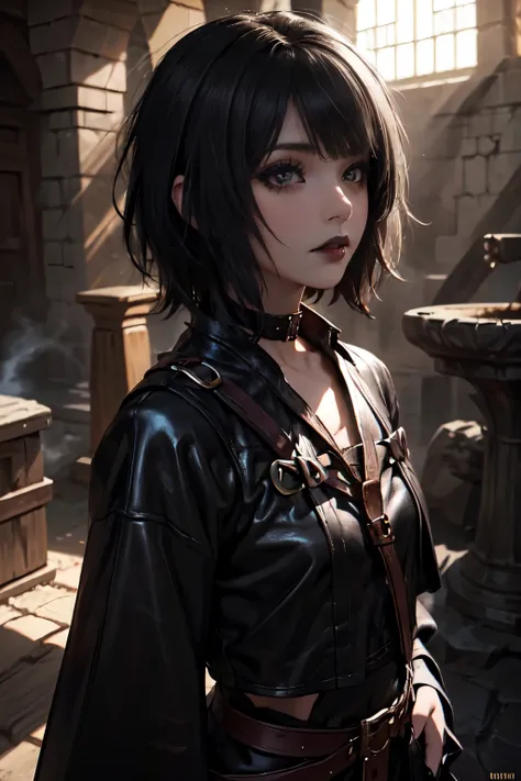 1Girl, woman, emo_hairstyle, black lipstick, dog collar, eyeliner, eye shadow, smoky eyes, realistic lighting, short hair, standing up, warrior, medieval, leather, bow.