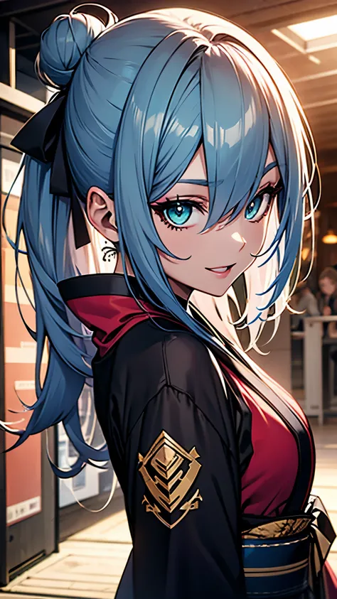 (1girl:1.3), Masterpiece, Best quality, amazing beauty, [[3D]], 4K, absurdres, finely detail, super detailed eye, perfect anatomy, official art, cinematic lighting, BREAK, foret, banboo, midnight, hair bun, colored tips, blue hair, super shiny detailed gre...