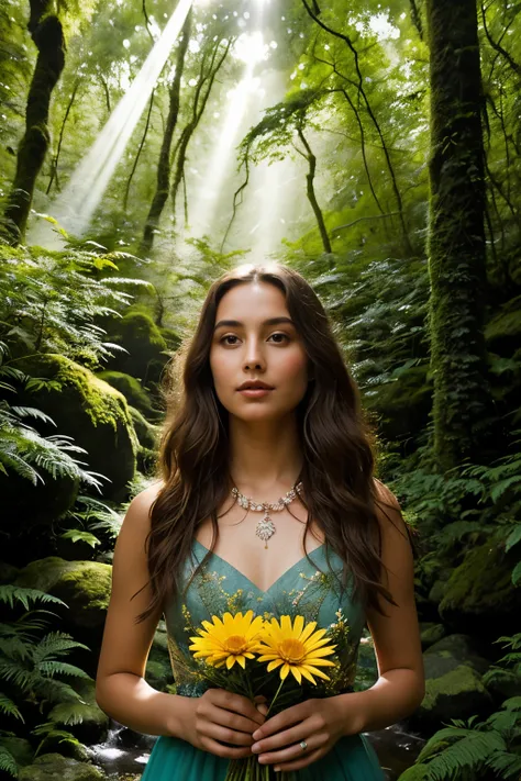 Create a captivating and surreal image featuring a womans face in the heart of a dense, enchanting forest, with an abundance of vibrant, colorful flowers blooming directly from her skin. The womans face, serene and slightly ethereal, is adorned with an arr...