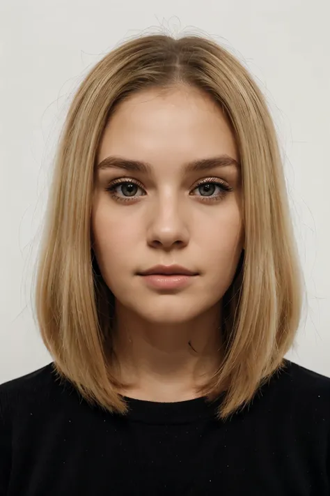 a 30-year-old woman, oval face, hair dyed half blonde, passport photo, white background