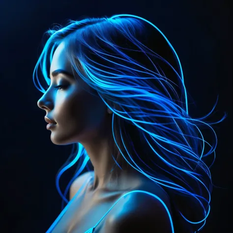 a striking image of a woman's profile, rendered in a glowing blue neon style against a dark background. the woman has long, flow...