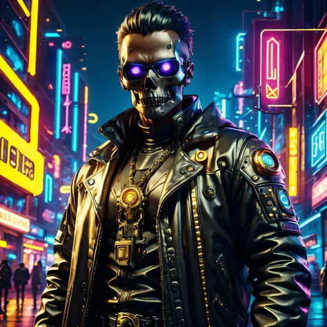 machine, cyberpunk, black leather coat, gold chain, skull head, high-beam eyes, high-res portrait, full body, fantasy, vibrant c...