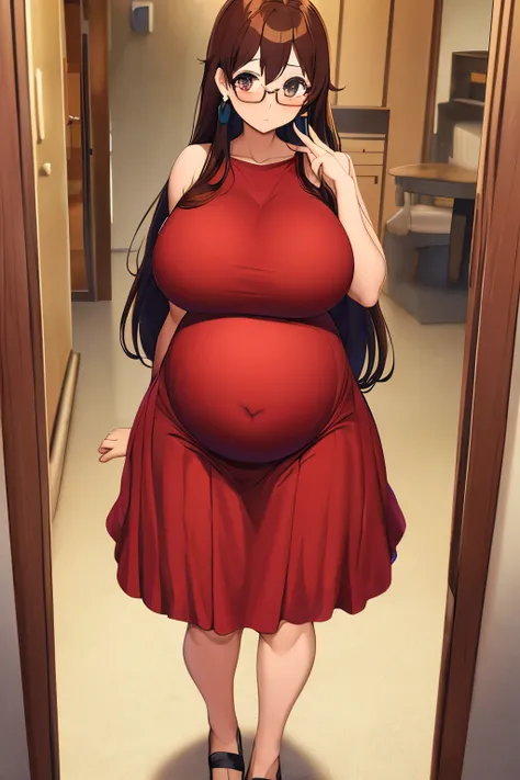 Full body girl, pregnant, big belly, big breasts, brown eyes, glasses, , shy, earrings,  long hair, , brown hair, tsundere, embarrassed, pout, Very thight dress, best quality