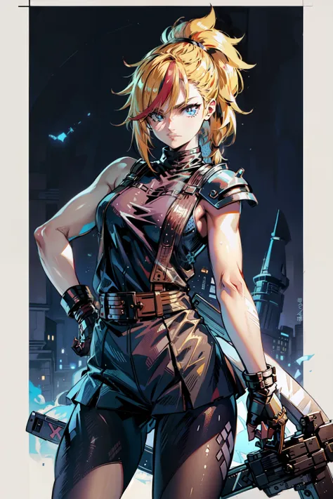 (masterpiece, best quality:1.2), Blue  glowing eyes, perfect face, highres, 1 girl, solo, ultra long ponytail, (female:1.5), strife, blonde hair, shoulder armor, sleeveless turtleneck, suspenders, belt, gloves, bracer, evil smile, standing, portrait, looki...