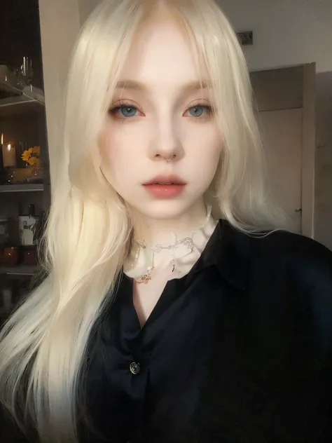 Mujer rubia con pelo largo y camisa negra posando para una foto., very very pale blonde hair, extremely pale blonde hair, cruel korean gothic girl, pale porcelain white skin, ava max, con el pelo largo y blanco, very very pale white skin, pale and light sk...