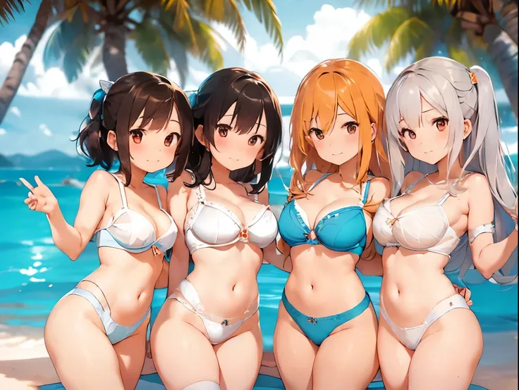 four busty sisters in cute lingerie and cute bras、cute white bra with ribbon、white and light blue checkered bra、cute orange bra、...