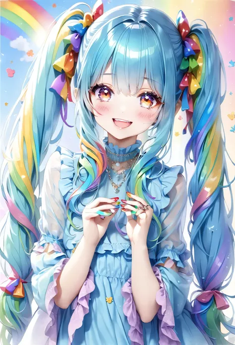 Light blue long hair、Cute beautiful girl with twin tails、long red claws、Showing off her brightly decorated nails、Bright smile、Long rainbow nails