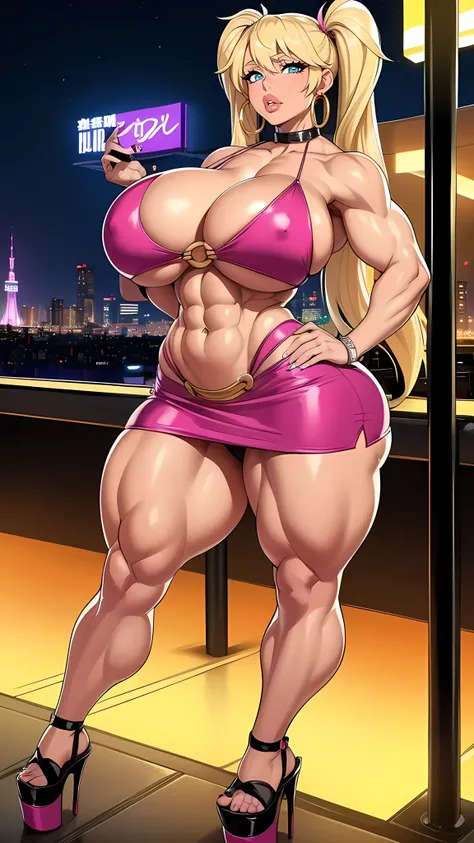 (((massive female bodybuilder))), full body
1girl,  (((bimbo))),(hoop earrings, puffy lips, painted lips, thick lips.:1.2) ((platform heels))
blonde hair, (short twintails,:1.2) (wide hips:1.2), thick thighs, bursting breasts, huge ass
 (full skirt),navel,...