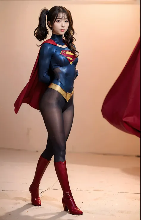 No background、(((Beautiful legs in black tights.)))、(((Legally express the beauty of your smile)))、((((Make the most of your original images)))、(((Body-hugging Supergirl costume)))、(((Supergirl Costume)))、(((Beautiful hair with twin tails)))、(((suffering))...