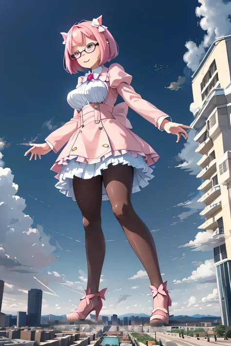 giantess art, highly detailed giantess shots, giantess, Two legs, Five fingers, short hair, A beautiful girl who is bigger than a skyscraper, Wearing rimless glasses, smile, Big Breasts, pink dress, bow, magical girl, magical wand, black pantyhose, pink st...