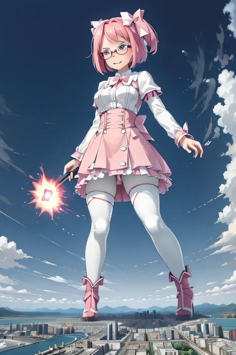 giantess art, highly detailed giantess shots, giantess, Two legs, Five fingers, short hair, A beautiful girl who is bigger than a skyscraper, Wearing rimless glasses, smile, Big Breasts, pink dress, bow, magical girl, magical wand, black pantyhose, pink st...