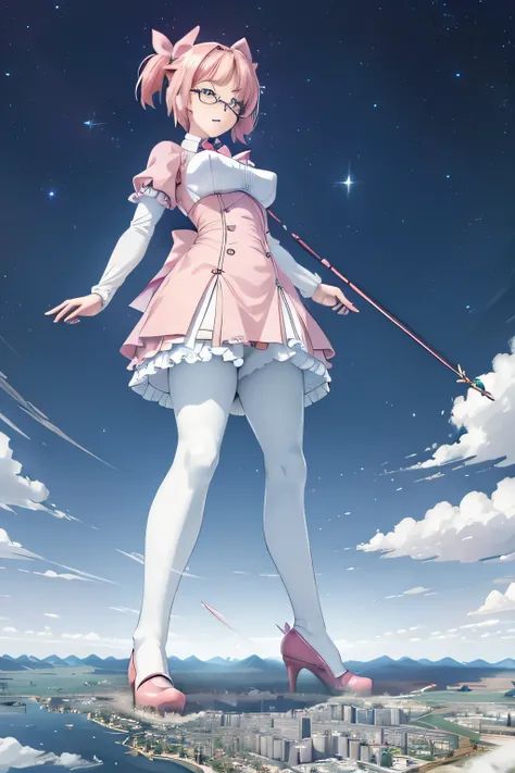 giantess art, highly detailed giantess shots, giantess, Two legs, Five fingers, short hair, A beautiful girl who is bigger than a skyscraper, Wearing rimless glasses, smile, Big Breasts, pink dress, bow, magical girl, magical wand, black pantyhose, pink st...