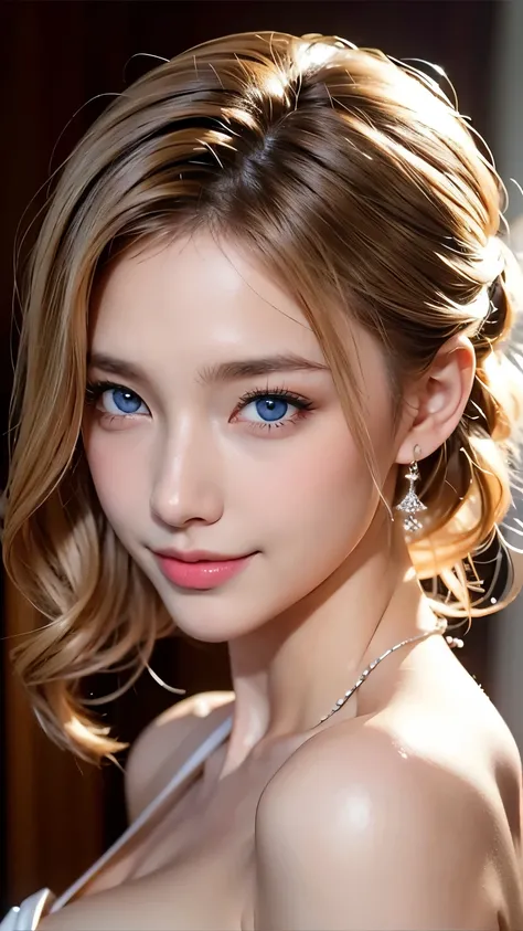 bride、wedding style、wedding styleの写真、Luxury Dresses、church、Lightly Dressed、Formal Wear、night景、illumination、blue eyes、blonde、short hair、Hair tied up、Full body photo、Sexy Face、short hair、 Complete look、(((masterpiece)))、((highest quality))、((超Realistic))、成熟し...