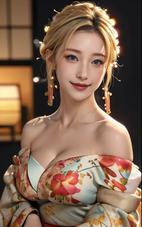hostel、Realistic:1.8、Blonde、Italian、highest quality、1 girl、,Glowing Skin、Professional Lighting,Photorealistic、Perfect body、super high quality、Ultra-high Realistic image quality、Japanese、(Off-the-shoulder short length floral print kimono:1.6)、(Cleavage:1.5)...