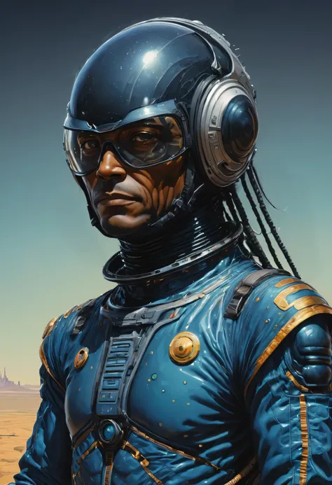 Moebius Style (Jean Giraud) - Painting by Jean Giraud Moebius, ((masterpiece)), ((best quality)), (masterpiece, highest quality), portrait of an insectoid cosmonaut with shiny black scaly skin, in a space suit, with a frown, shiny black scaly skin, intrica...