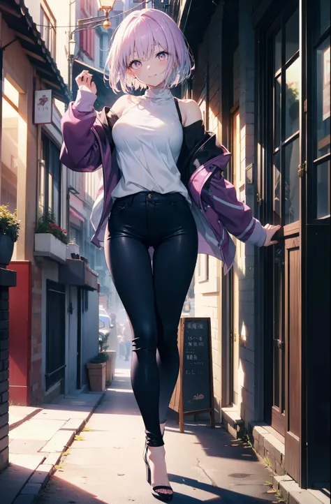 akaneshinjou, shinjou akane, Light purple hair, (Pink Eyes:1.2), short hair,hair band,Cold shoulder tops,skinny pants,Stiletto heels,walking,morning,morning陽,The sun is rising,whole bodyがイラストに入るように,happy smile, smile, Close your mouth,
 break looking at vi...