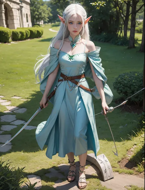 Young girl with white hair and blue eyes, pointed elf ears, dressed in emerald-green medieval archer fur clothes, silver shoulder armor, weilding longbow, sandals; fullbody; quiver of arrows on back