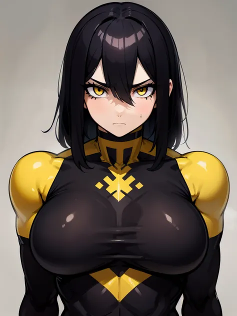 muscular girl black hair yellow eyes expressionless sad perfect anatomy