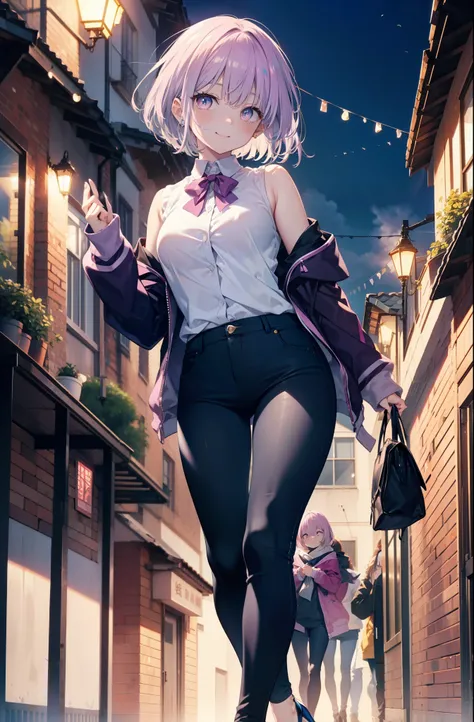 akaneshinjou, shinjou akane, Light purple hair, (Pink Eyes:1.2), short hair,hair band,Cold shoulder tops,skinny pants,Stiletto heels,walking,morning,morning陽,The sun is rising,whole bodyがイラストに入るように,happy smile, smile, Close your mouth,
 break looking at vi...