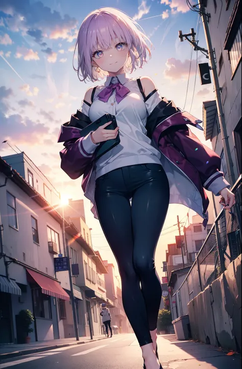 akaneshinjou, shinjou akane, Light purple hair, (Pink Eyes:1.2), short hair,hair band,Cold shoulder tops,skinny pants,Stiletto heels,walking,morning,morning陽,The sun is rising,whole bodyがイラストに入るように,happy smile, smile, Close your mouth,
 break looking at vi...