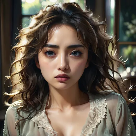 Full body portrait、a woman suffering from sex addiction, beautiful detailed eyes, beautiful detailed lips, extremely detailed eyes and face, long eyelashes, melancholic expression, disheveled hair, partially open blouse, sensual pose, moody lighting, drama...