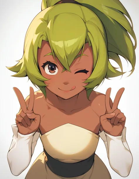 score_9, score_8_up, score_7_up,  amalia, 1girl, solo, dark skin, green hair, brown eyes, ponytail, bare shoulders, detached sle...