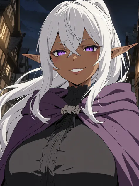 {{Portrait, dutch angle}} {{Artist: Sincos}} 1girl, elf, mature female, solo, dark-skinned female, silver hair, long hair, purple eyes, lips,, black victorian dress, ponytail, crossed bangs, purple cloak, huge breasts, evil smile, outdoors, town, night, lo...