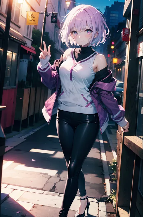 akaneshinjou, shinjou akane, Light purple hair, (Pink Eyes:1.2), short hair,hair band,Cold shoulder tops,skinny pants,Stiletto heels,walking,morning,morning陽,The sun is rising,whole bodyがイラストに入るように,happy smile, smile, Close your mouth,
 break looking at vi...