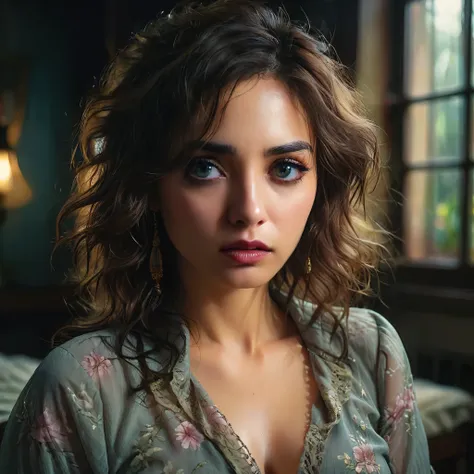 Full body portrait、a woman suffering from sex addiction, beautiful detailed eyes, beautiful detailed lips, extremely detailed eyes and face, long eyelashes, melancholic expression, disheveled hair, partially open blouse, sensual pose, moody lighting, drama...