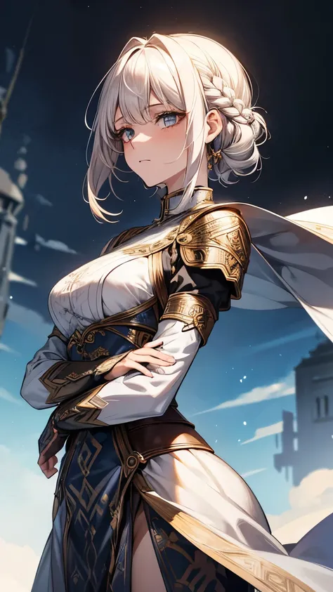 34 year old female adventurer、Arianna Silverwraith。She is 176cm tall、She has short, asymmetrical blonde hair.、Some are woven。Arianna wears intricately patterned silver armor.、Reflects the influence of ancient magical cultures。Her hairstyle is unique、Asymme...