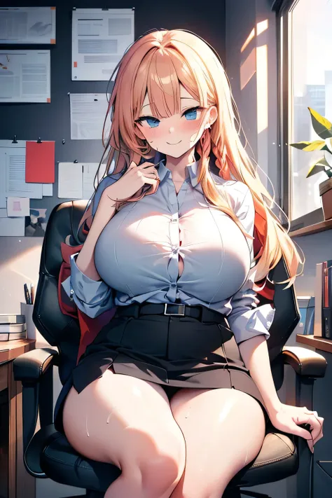 Erotic manga、highest quality、A sloppy office worker flirting in a luxurious office、Sit on a chair and spread your legs、Hong Meiling、smile、Perfect balance、Oversized bust、Fatty legs、Clear eyes、Leg spread、Cowboy Shot、Sweaty