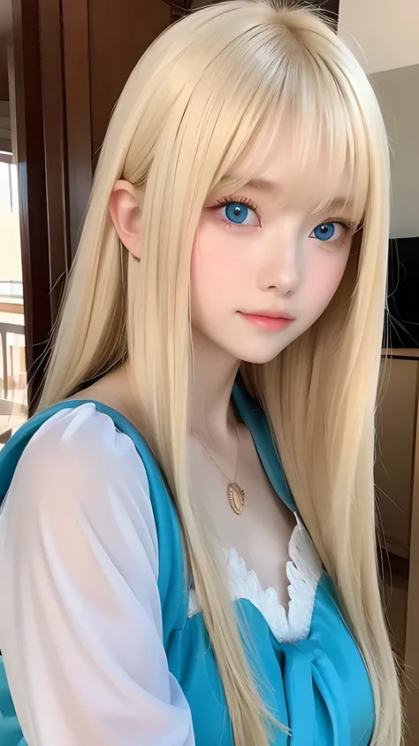 Transparent white glossy skin、Wind-blond hair falls in front of her pretty face、Ample Bust、Cute 15 year old blonde beauty、Beautiful Face、Beautiful super long straight hair that stands out、Big, bright, light blue eyes that shine beautifully、Silky bangs that...