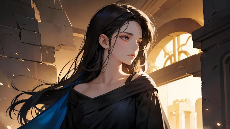 woman in a beautiful ancient dark greek dress with dark hair is looking away. She is sad. Top quality. Dramatic lighting. masterpiece! Pure emotions