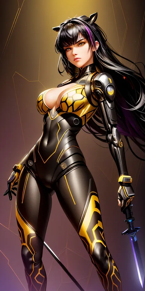 best quality, masterpiece, aesthetic, full-body dynamic pose high quality, 1girl punching, android, (yellow and black) upper armor, mechanical arms, short punk hair, black hair, white background, intense expression, looking at viewer, (simple background:1....