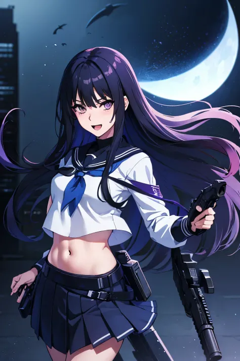 saorijoumae, saori joumae, purple eyes, black hair, long hair,
blush, lipstick, masterpiece, best quality, highly detailed, a anime girls in sailor uniforms with a gun posing for a picture,
evil smile, smile, open mouth,black_serafuku, ecchi anime style, a...