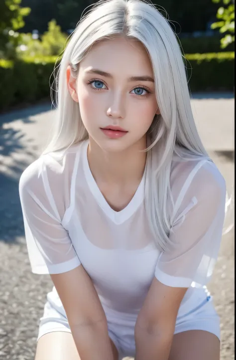 １４Caucasian model at the age, Standing Photo above the knee,（(Clean clothes)), white clothes, Natural light, Pretty Caucasian Woman, white hair, A sloppy smile, (8K, Live shooting, highest quality, masterpiece: 1.2), masterpiece, super detail, , High-defin...