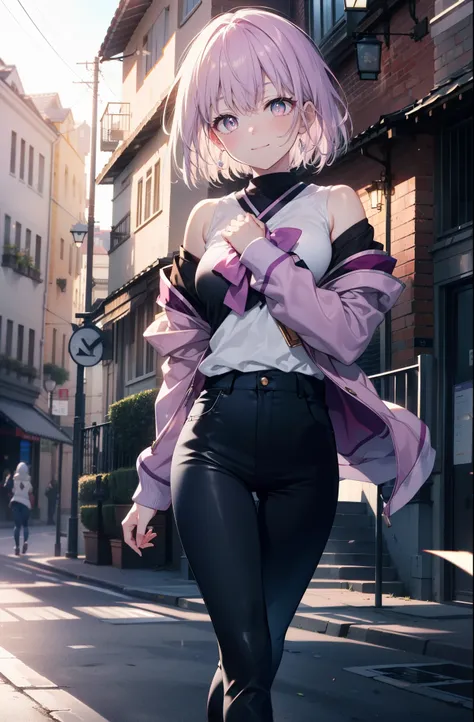 akaneshinjou, shinjou akane, Light purple hair, (Pink Eyes:1.2), short hair,hair band,Cold shoulder tops,skinny pants,Stiletto heels,walking,morning,morning陽,The sun is rising,whole bodyがイラストに入るように,happy smile, smile, Close your mouth,
 break looking at vi...