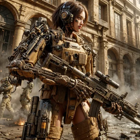 superrealism, ultra high res,8k,(Photorealsitic:1.4), (1950s-like mechanical suit:1.2), Collapsed Cities, heavy weapons,vivid textures,animal legs, gradation hair, Russian female soldier,(ultra beautiful face),((super realistic all textures)), ((super intr...