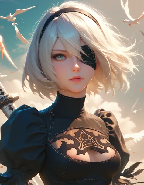 score_9, score_8_superior, score_7_superior, One girl,A black eyepatch on one eye、 Nier&#39;s 2B:Automata, View Viewer, Combat Stance, 下から見superiorげるアングル、NieR:Automata