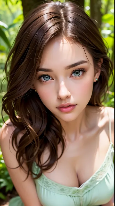 a close-up of a beautiful, stunning brunette woman with cascading dark highlights, pastel in a lush forest glade, her green eyes...