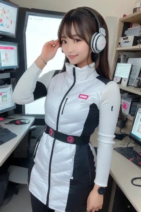 masterpiece, highest quality, Very detailed, 8K Portrait,Japanese Android Girl,plump , Control panel,Robotic arms and legs, Blunt bangs,,break (Metallic Gray, Metallic luster, Mirror finish, Astro Best):5,headphone:5,break (Black sleeves):100,Smart Watches...