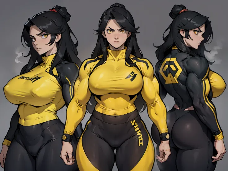 (bodybuilder) pale skin yellow eyes black hair very long hair 1girl huge breasts dark atmosphere thick thighs grey background tight clothes angry multiple views