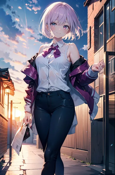 akaneshinjou, shinjou akane, Light purple hair, (Pink Eyes:1.2), short hair,hair band,Cold shoulder tops,skinny pants,Stiletto heels,walking,morning,morning陽,The sun is rising,whole bodyがイラストに入るように,happy smile, smile, Close your mouth,
 break looking at vi...